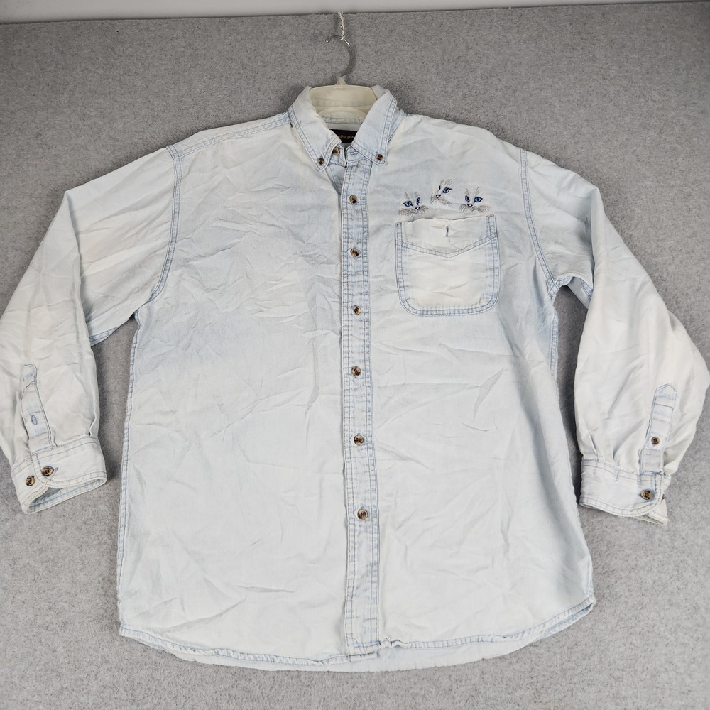 Peregrine Bay Denim Shirt Mens Medium Blue Cat Embroidered Collared Button Down